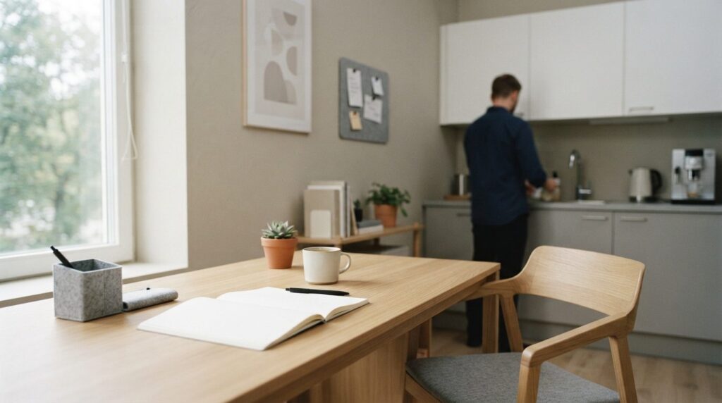 Kontor med lyst skrivebord, grå stofmøbler og stenvægsbaggrund, med åben kitchenette i baggrunden.