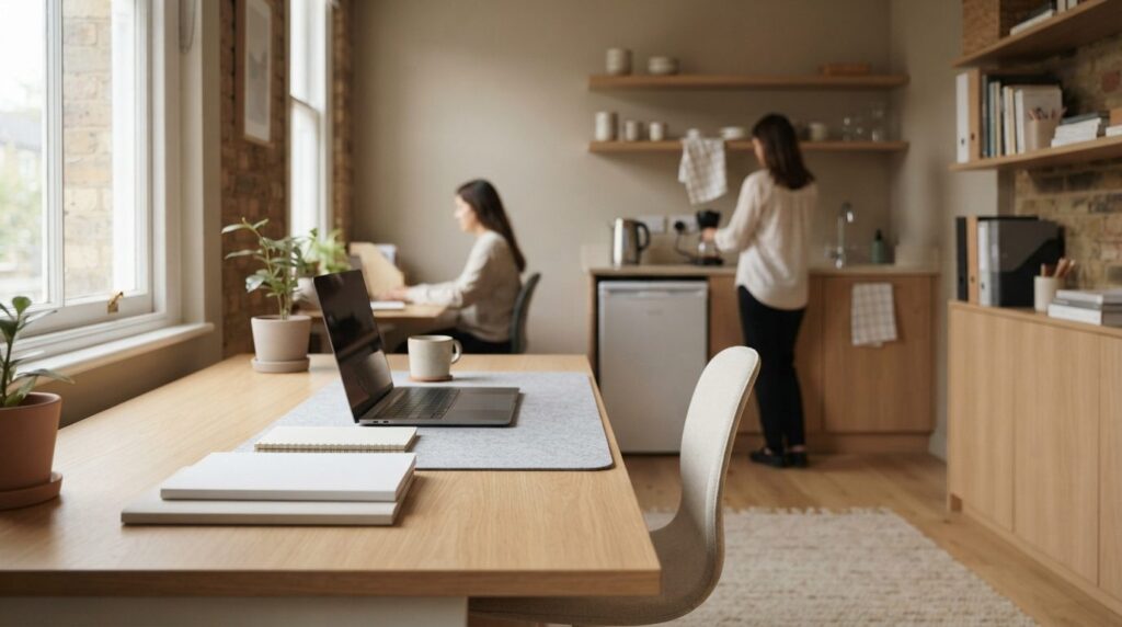Minimalistisk kontor med lyst træbord, gråt felt og papir mod neutral stenbaggrund