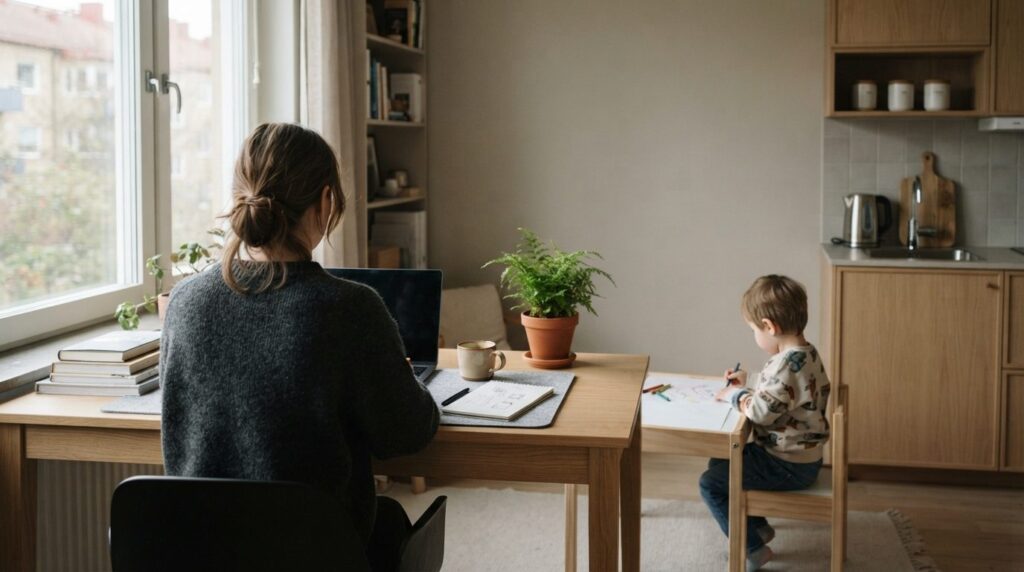 Lille, pænt hjemmekontor med lyst egebjælkeskrivebord, gråt filttæppe og neutrale stenvægge i blødt dagslys.