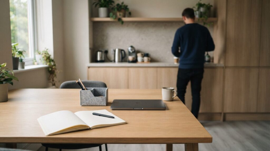 Ordnet kontorskrivebord med lyst træ, grå stof og neutrale farver i minimalistisk arbejdsrum.