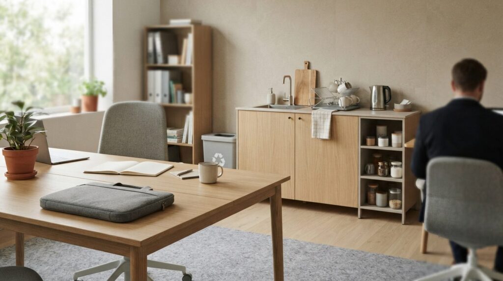 Minimalistisk kontorlokale med lyst træskrivebord, grå filttekstiler og neutral stenvægbaggrund i blødt dagslys.
